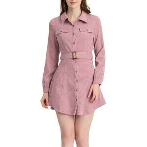 Allegra K - Pink - Corduroy - long sleeve - shirt dress - Size S - belt included